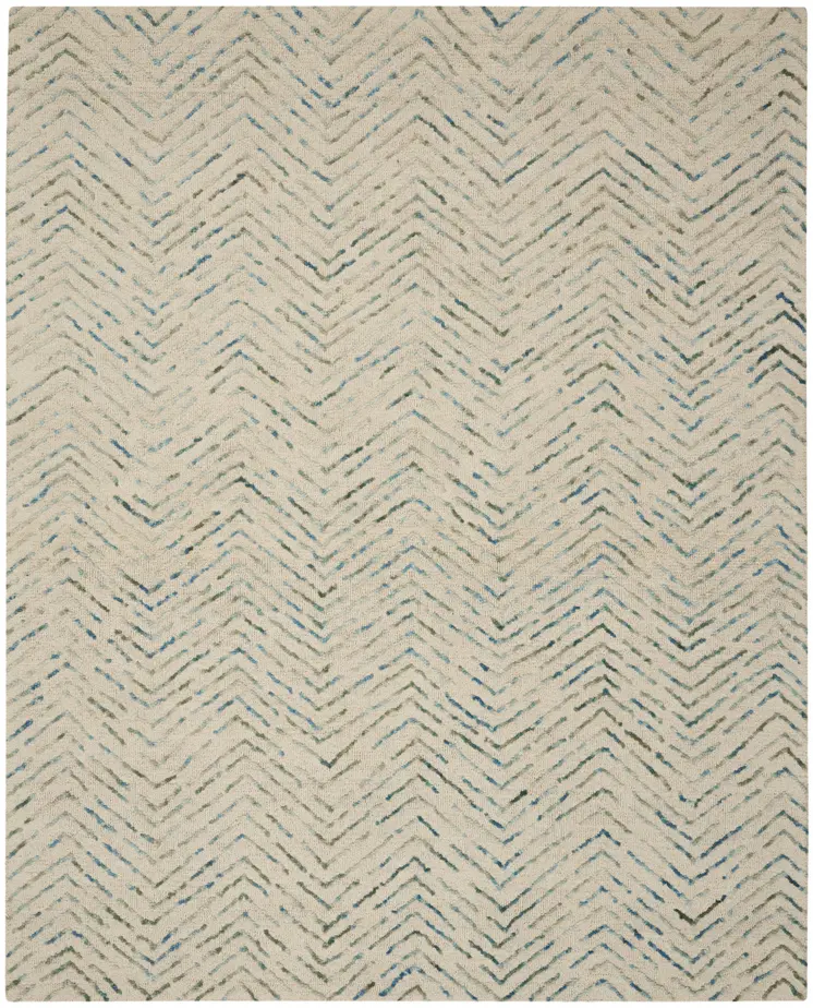 8' X 10' Ivory Blue and Green Wool Chevron Area Rug