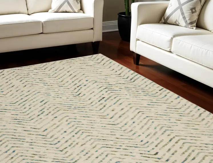 8' X 10' Ivory Blue and Green Wool Chevron Area Rug