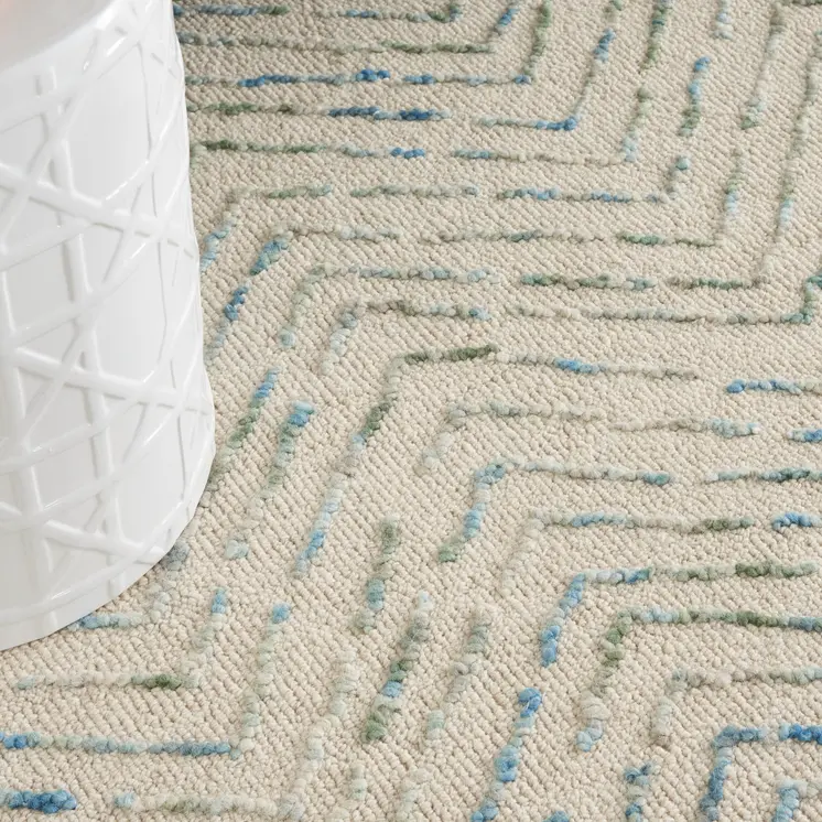 8' X 10' Ivory Blue and Green Wool Chevron Area Rug