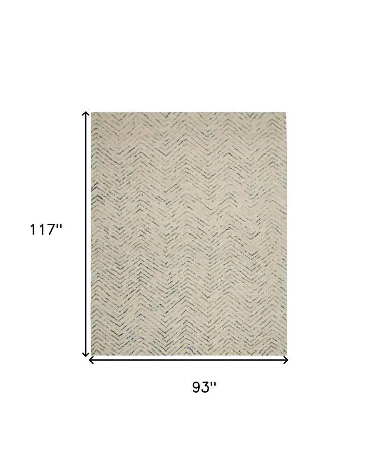 8' X 10' Ivory Blue and Green Wool Chevron Area Rug