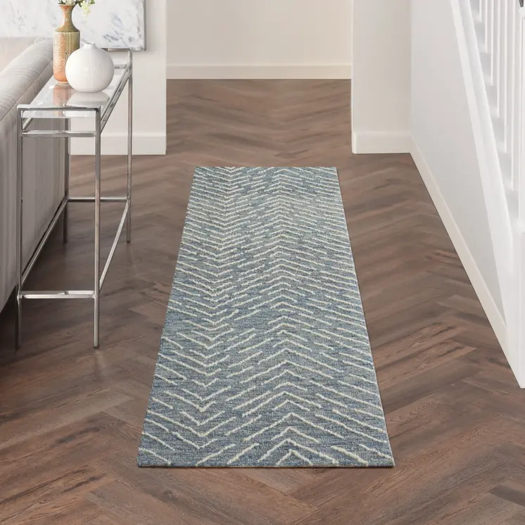 8' Indigo and Ivory Wool Chevron Runner Rug