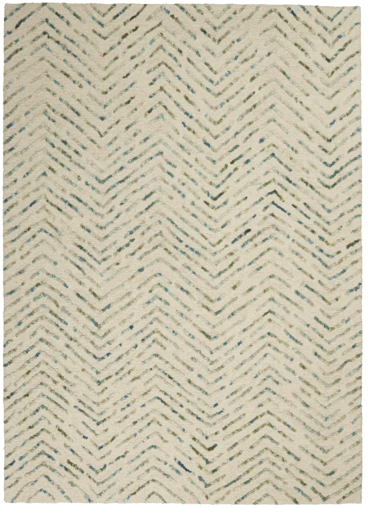 5' X 7' Ivory Blue and Green Wool Chevron Area Rug