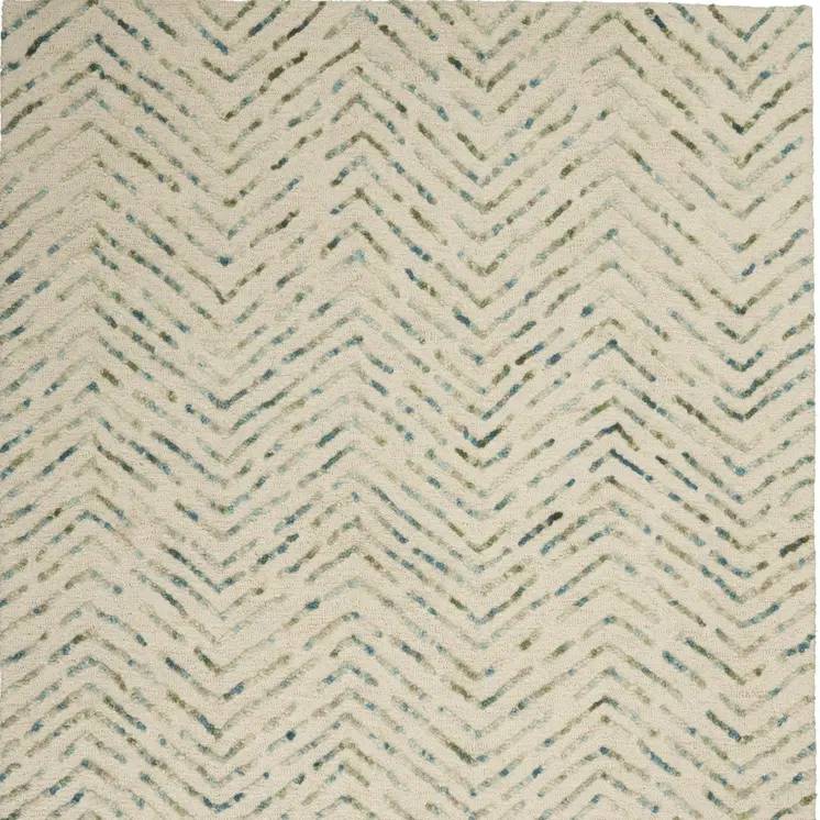 5' X 7' Ivory Blue and Green Wool Chevron Area Rug