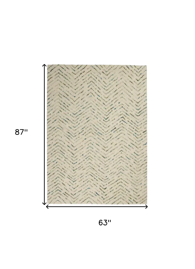 5' X 7' Ivory Blue and Green Wool Chevron Area Rug