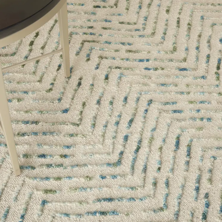 4' X 6' Ivory Blue and Green Wool Chevron Area Rug