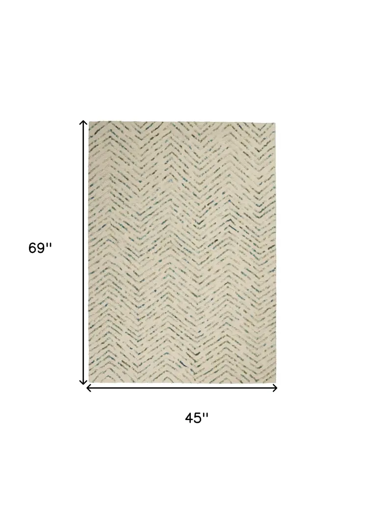 4' X 6' Ivory Blue and Green Wool Chevron Area Rug