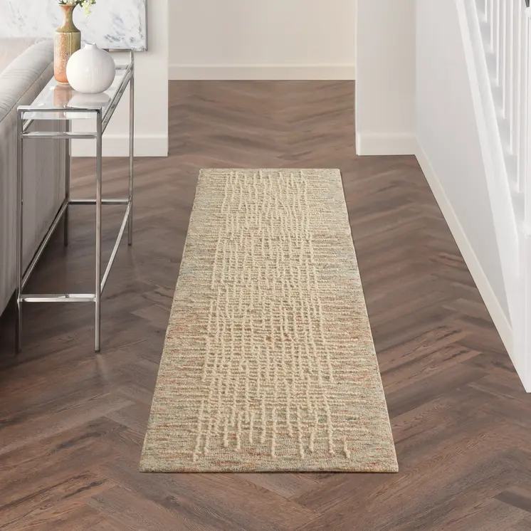 8' Beige and Tan Wool Abstract Runner Rug