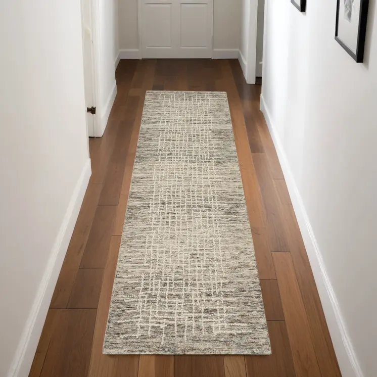 8' Ivory Brown and Gray Wool Abstract Runner Rug