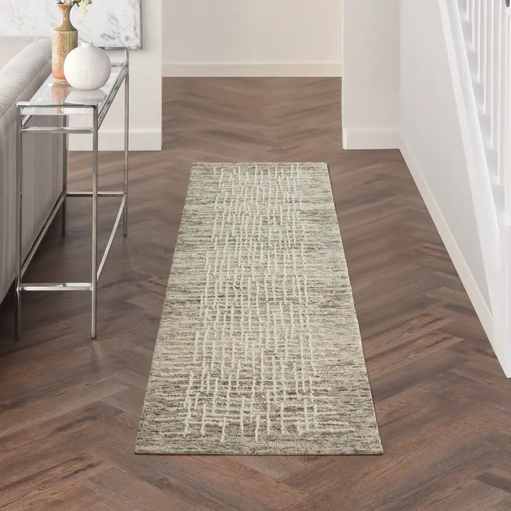8' Ivory Brown and Gray Wool Abstract Runner Rug