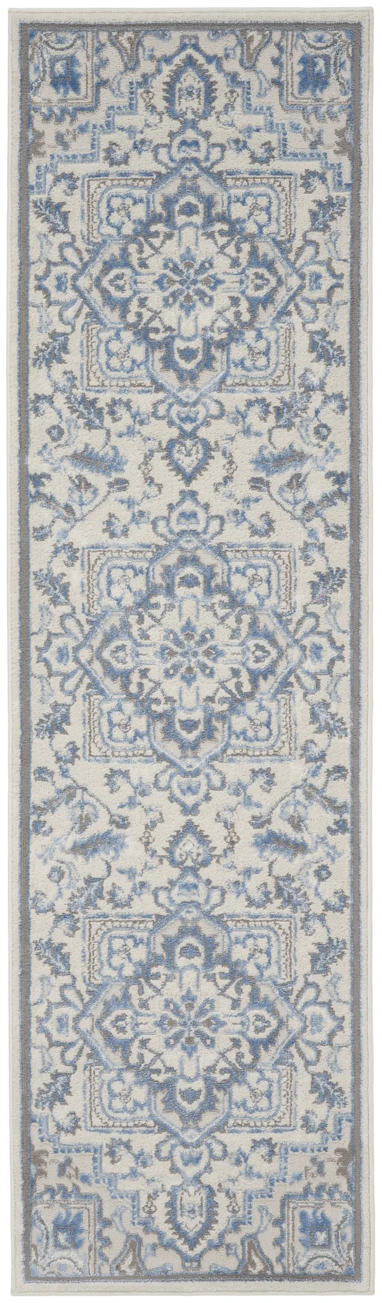 8' Ivory Blue and Gray Floral Non Skid Runner Rug