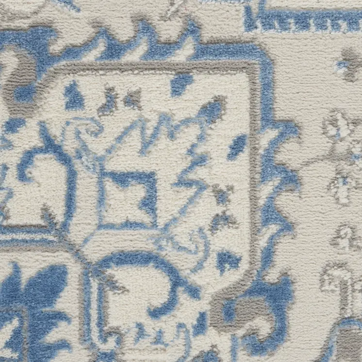 8' Ivory Blue and Gray Floral Non Skid Runner Rug