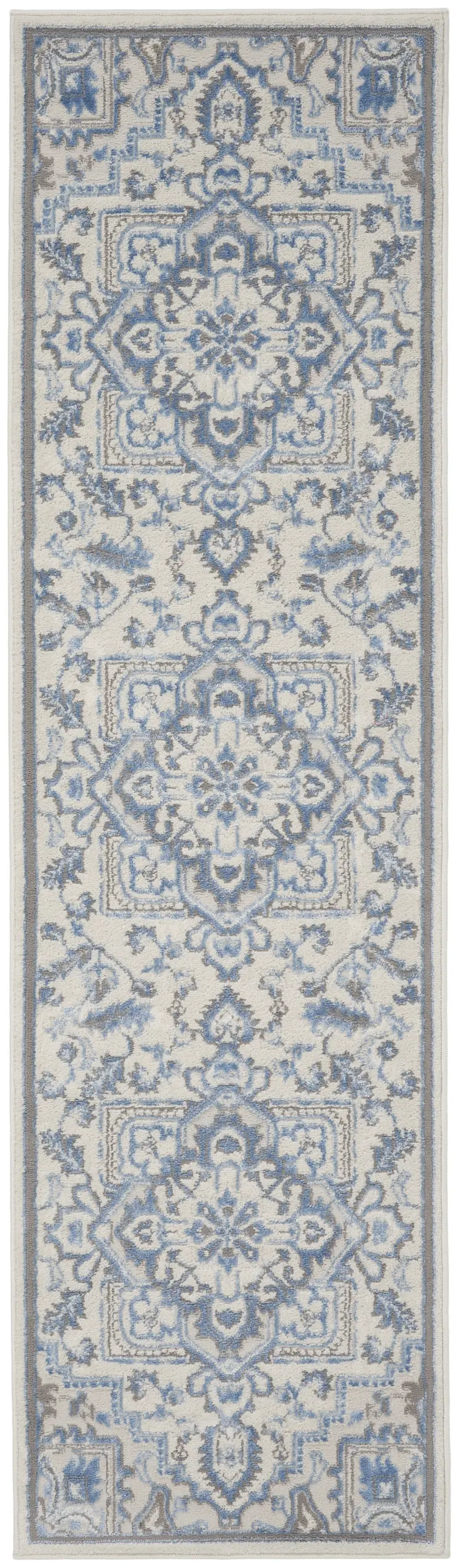 8' Ivory Blue and Gray Floral Non Skid Runner Rug