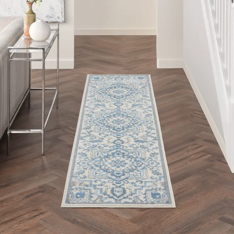 8' Ivory Blue and Gray Floral Non Skid Runner Rug