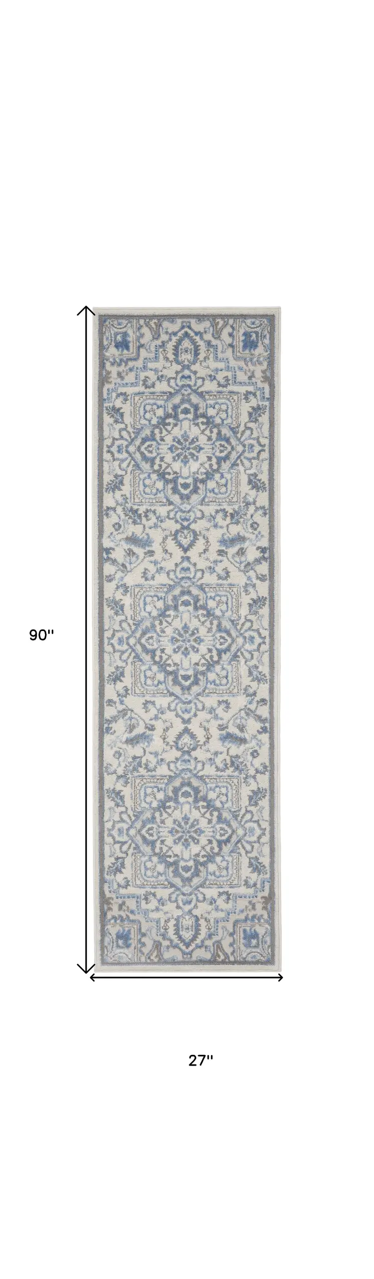 8' Ivory Blue and Gray Floral Non Skid Runner Rug