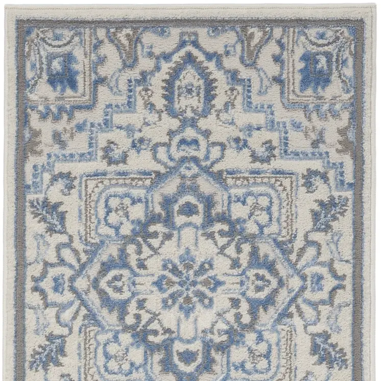 8' Ivory Blue and Gray Floral Non Skid Runner Rug