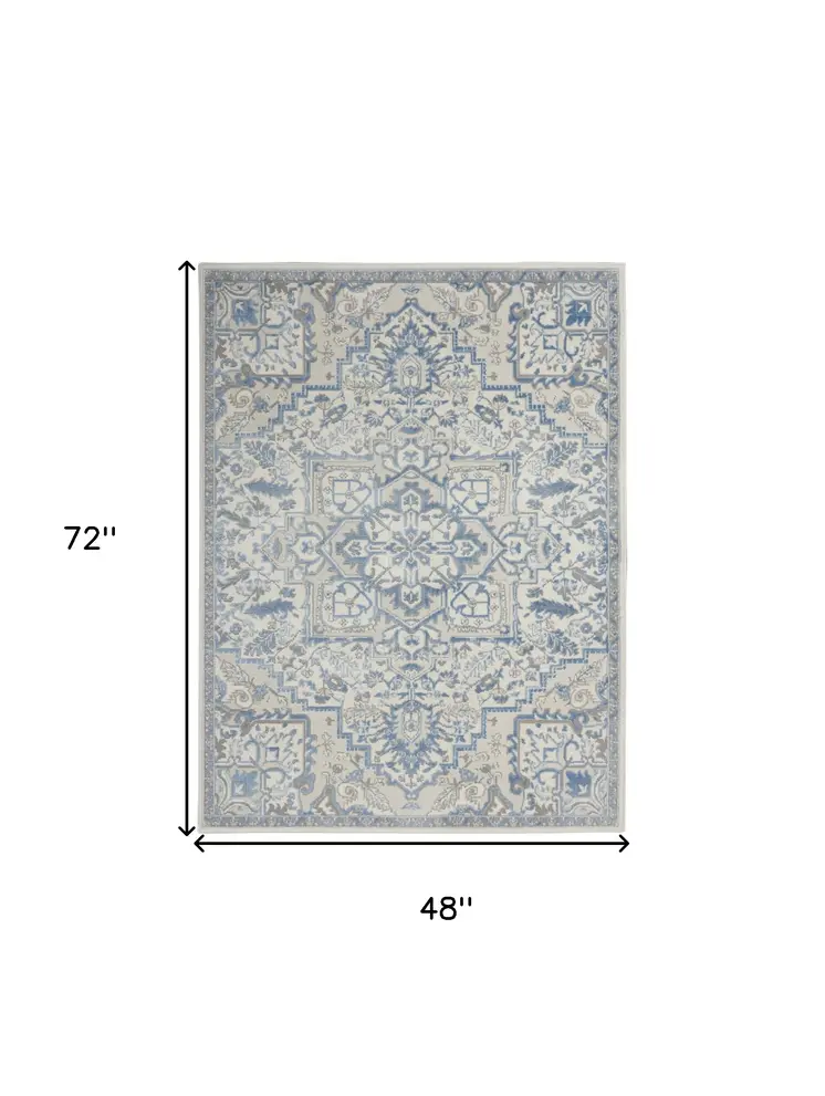 4' X 6' Ivory Blue and Gray Floral Medallion Non Skid Area Rug