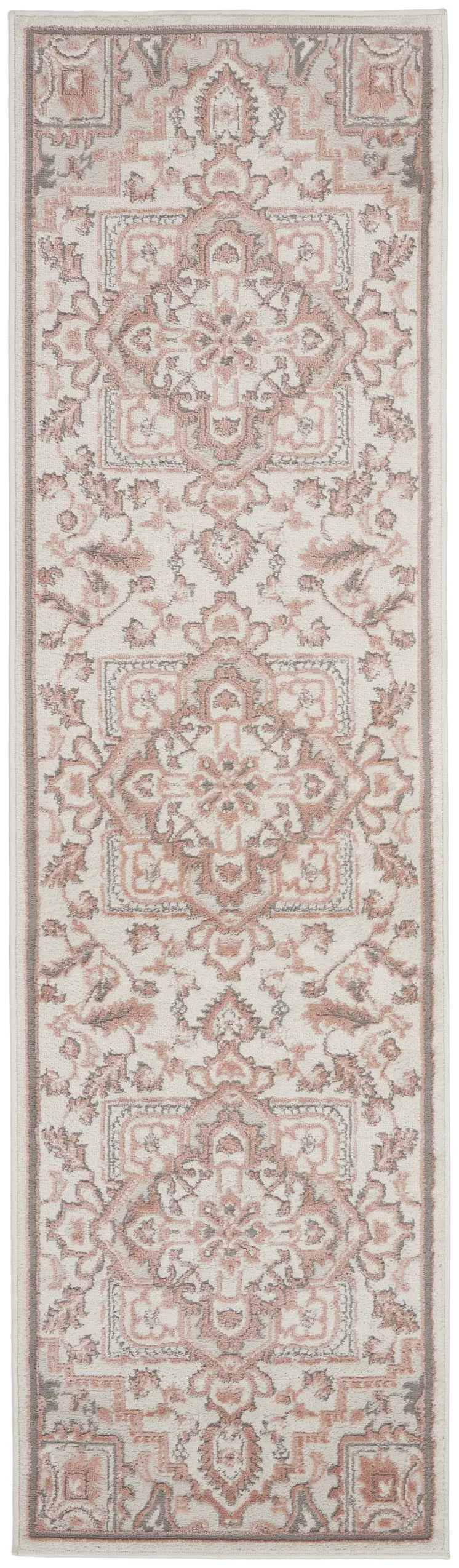 8' Ivory and Red Floral Non Skid Runner Rug