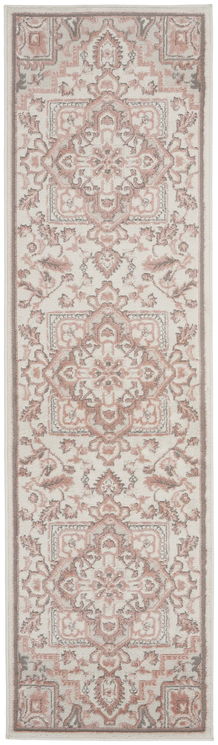 8' Ivory and Red Floral Non Skid Runner Rug