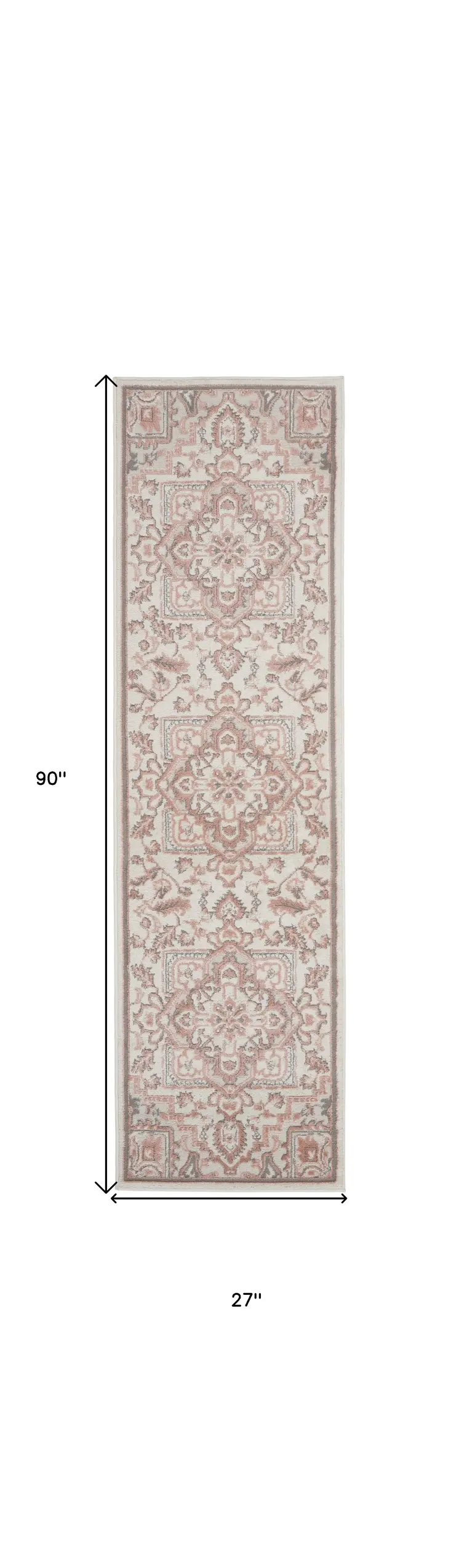 8' Ivory and Red Floral Non Skid Runner Rug