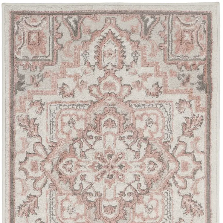 8' Ivory and Red Floral Non Skid Runner Rug