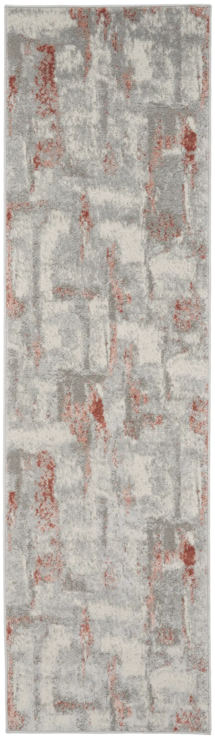 8' Gray and Red Abstract Non Skid Runner Rug