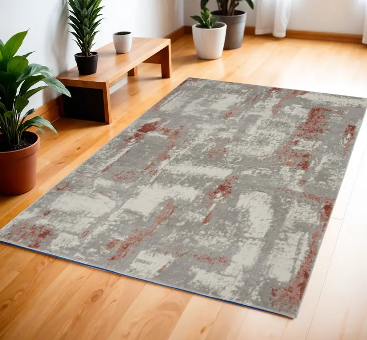 4' X 6' Gray and Red Abstract Non Skid Area Rug