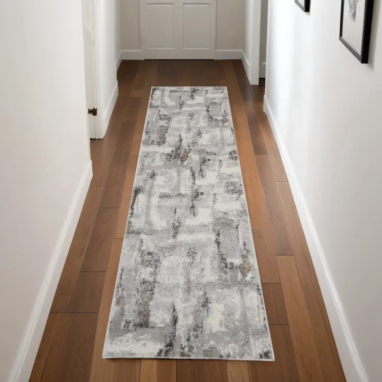8' Ivory Black and Gray Abstract Non Skid Runner Rug