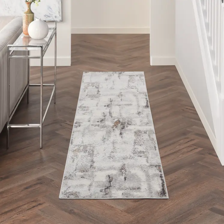 8' Ivory Black and Gray Abstract Non Skid Runner Rug