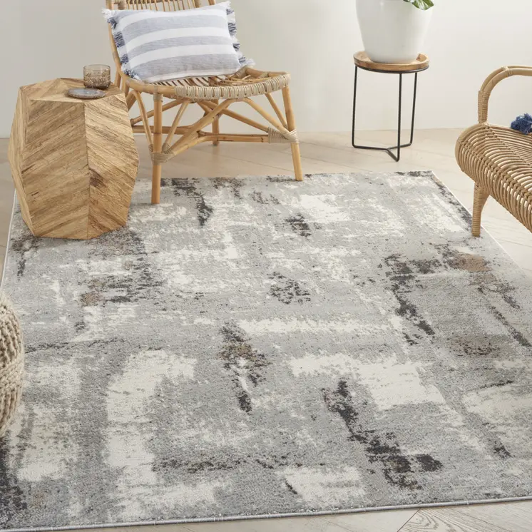 4' X 6' Ivory Black and Gray Abstract Non Skid Area Rug