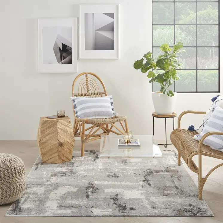 4' X 6' Ivory Black and Gray Abstract Non Skid Area Rug