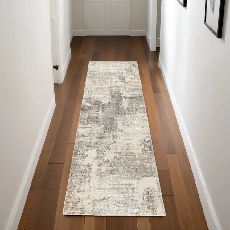 8' Beige and Gray Abstract Non Skid Runner Rug