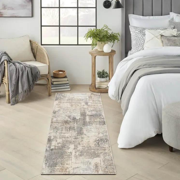 8' Beige and Gray Abstract Non Skid Runner Rug