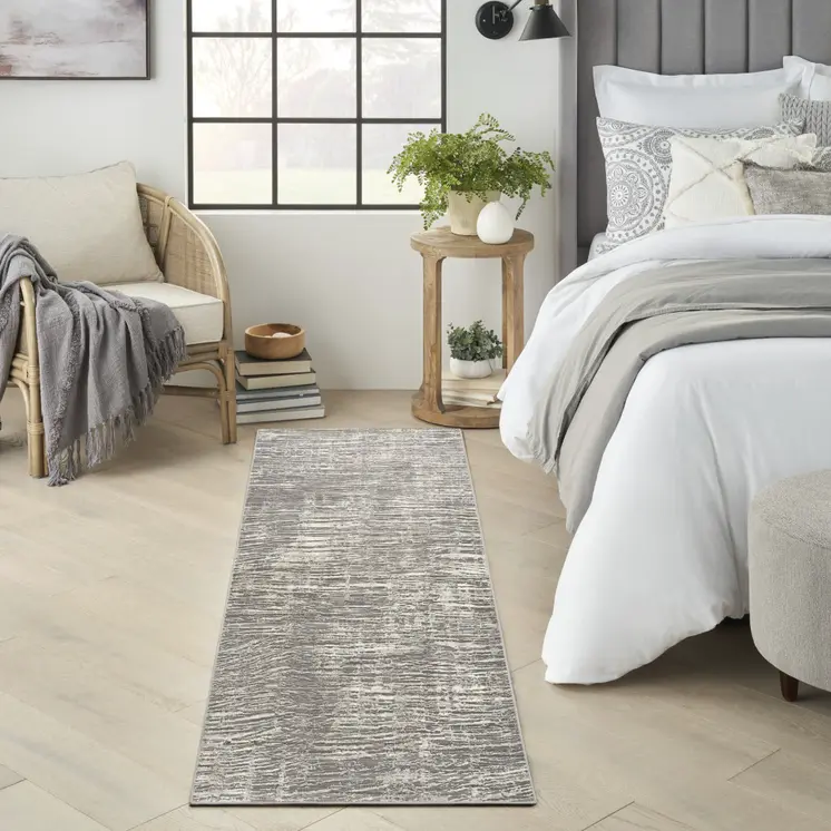 8' Ivory and Gray Abstract Runner Rug