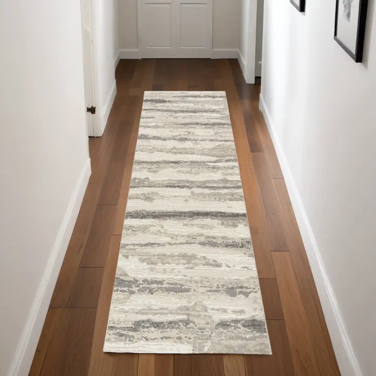 8' Beige Ivory and Gray Abstract Non Skid Runner Rug
