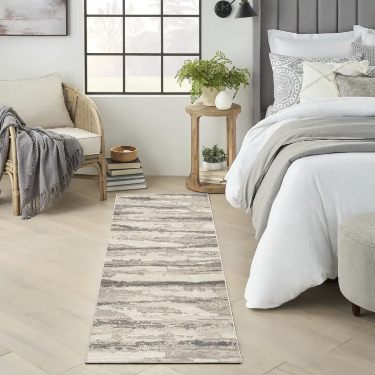 8' Beige Ivory and Gray Abstract Non Skid Runner Rug