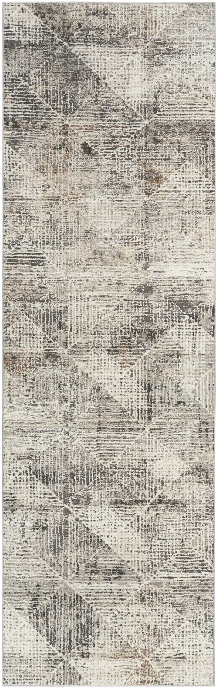 8' Ivory Black and Brown Geometric Non Skid Runner Rug
