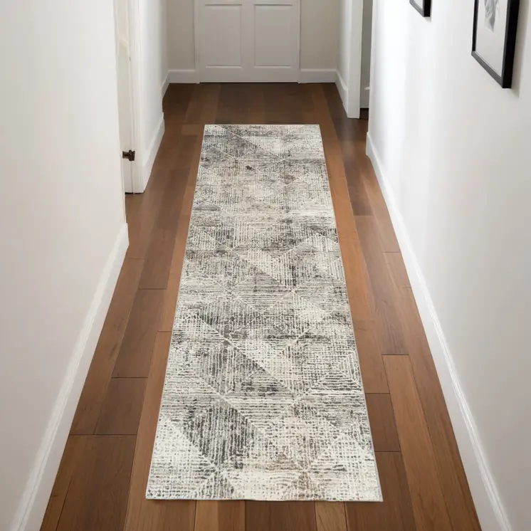 8' Ivory Black and Brown Geometric Non Skid Runner Rug