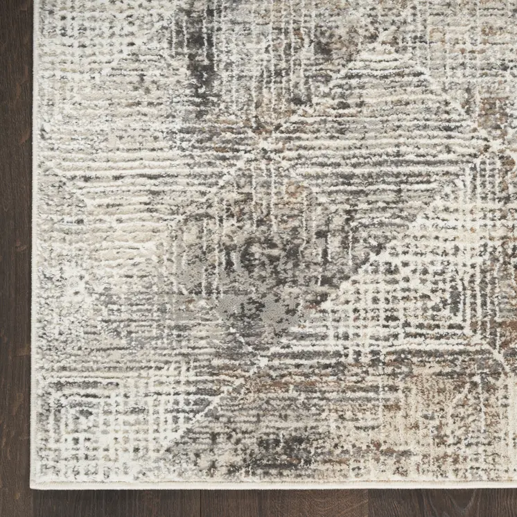 8' Ivory Black and Brown Geometric Non Skid Runner Rug