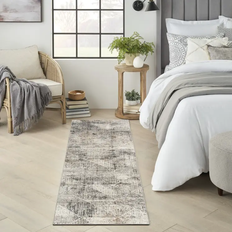 8' Ivory Black and Brown Geometric Non Skid Runner Rug