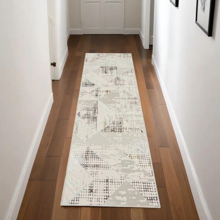 8' Beige Ivory and Gray Geometric Non Skid Runner Rug