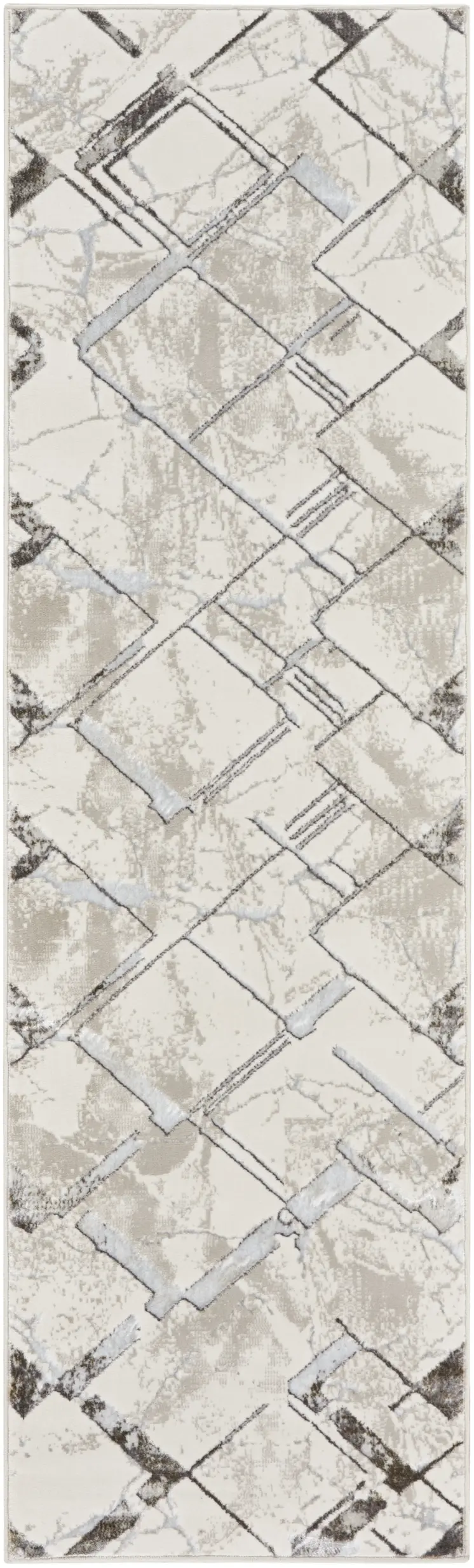 8' Ivory Blue and Gray Geometric Non Skid Runner Rug