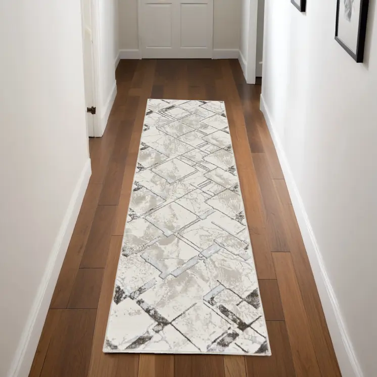 8' Ivory Blue and Gray Geometric Non Skid Runner Rug