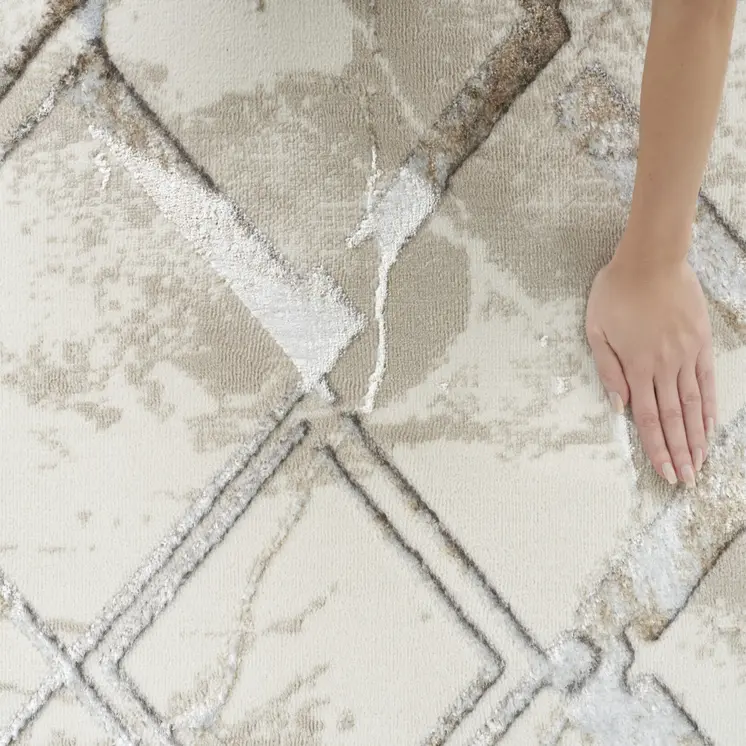 8' Ivory Blue and Gray Geometric Non Skid Runner Rug