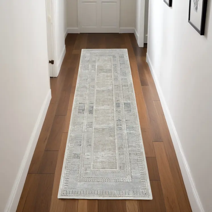 8' Gray and Ivory Geometric Non Skid Runner Rug