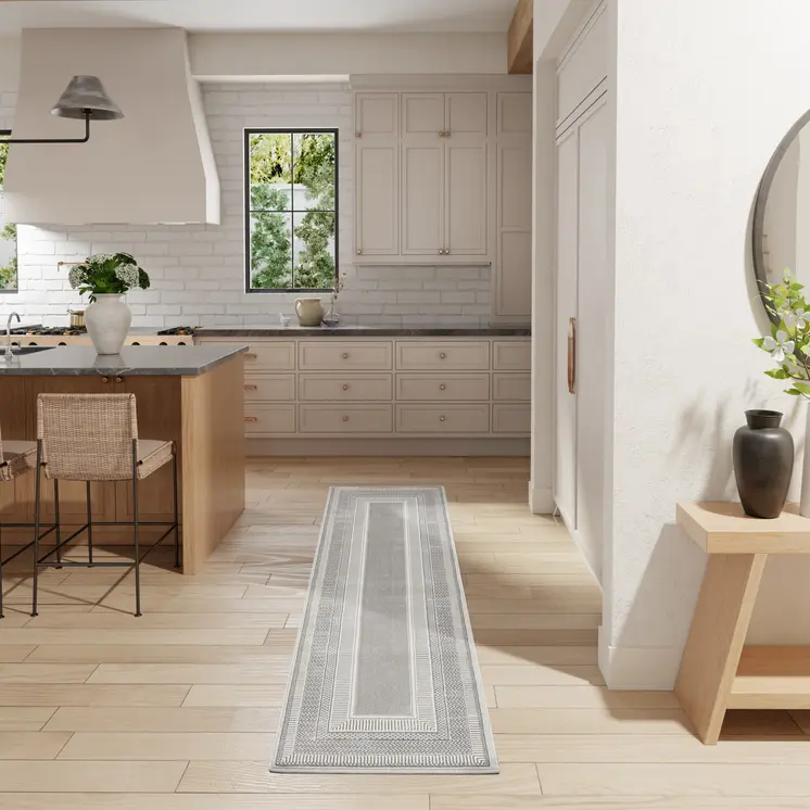 8' Silver and Ivory Geometric Non Skid Runner Rug