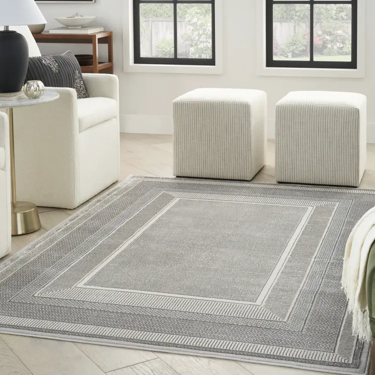 4' X 6' Silver and Ivory Geometric Non Skid Area Rug