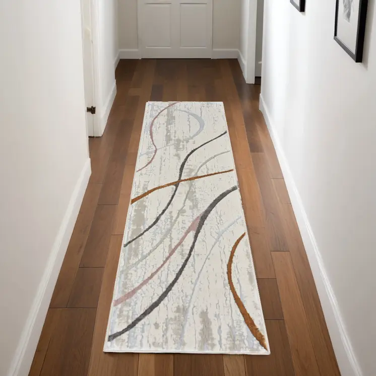 8' Ivory Black and Brown Abstract Non Skid Runner Rug