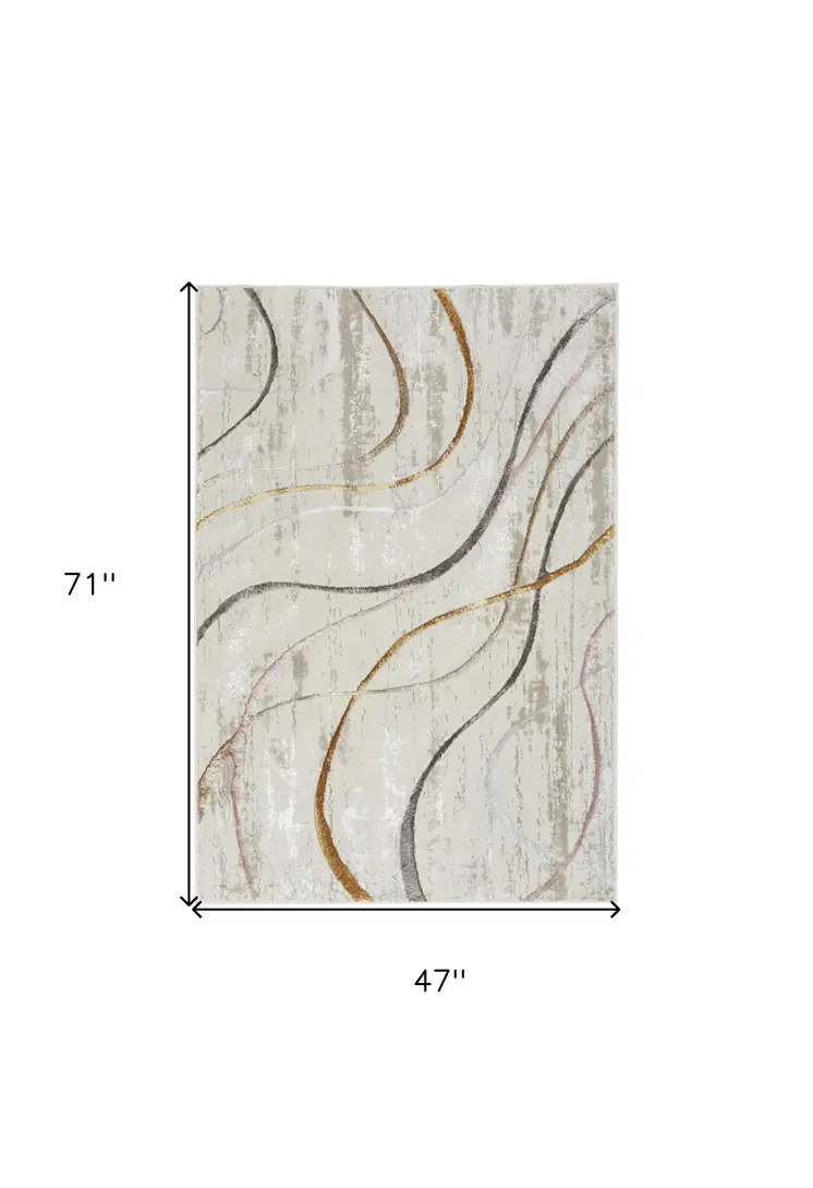 4' X 6' Ivory Black and Brown Abstract Non Skid Area Rug