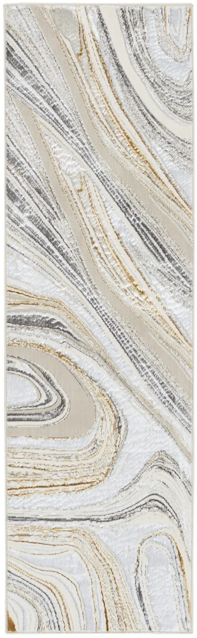8' Ivory Gold and Gray Abstract Non Skid Runner Rug