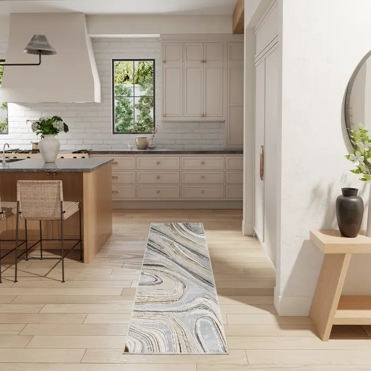 8' Ivory Gold and Gray Abstract Non Skid Runner Rug